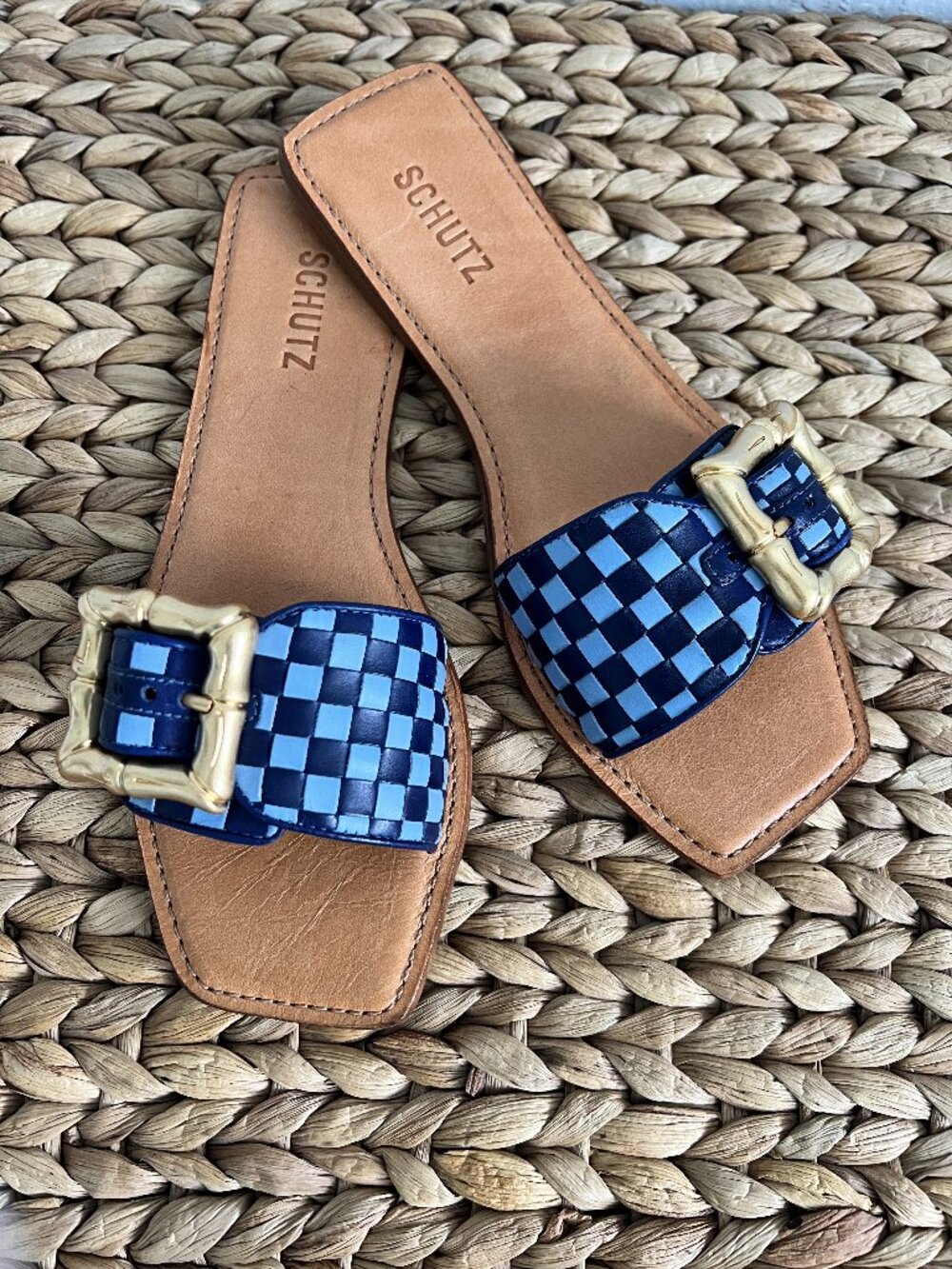 NIB Schutz Enola Woven Leather Sandals in blue checkered woven leather size 8.5